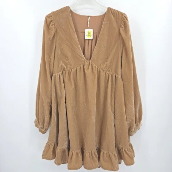 Free People Estella Velvet Babydoll Mini Dress Womens Size Large Tan Brown Boho - Picture 1 of 8